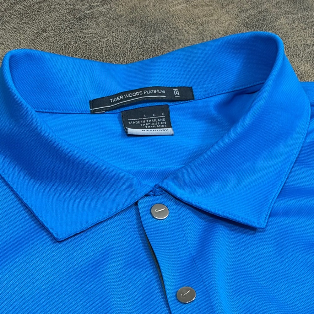 Nike Tiger Woods Platinum Golf Polo Mens L Blue Short Sleeve Snap Collar *LOGO
